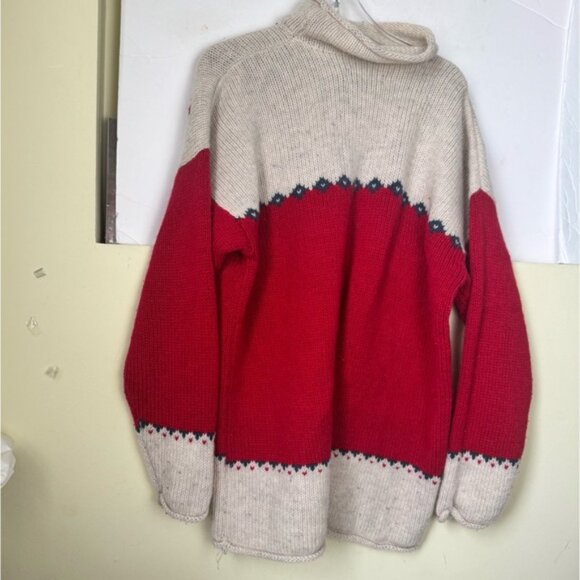 Eddie Bauer Vintage 90s Nordic Wool Heavy Knit Sweater Red Tan Hi Funnel Neck L - Picture 4 of 16